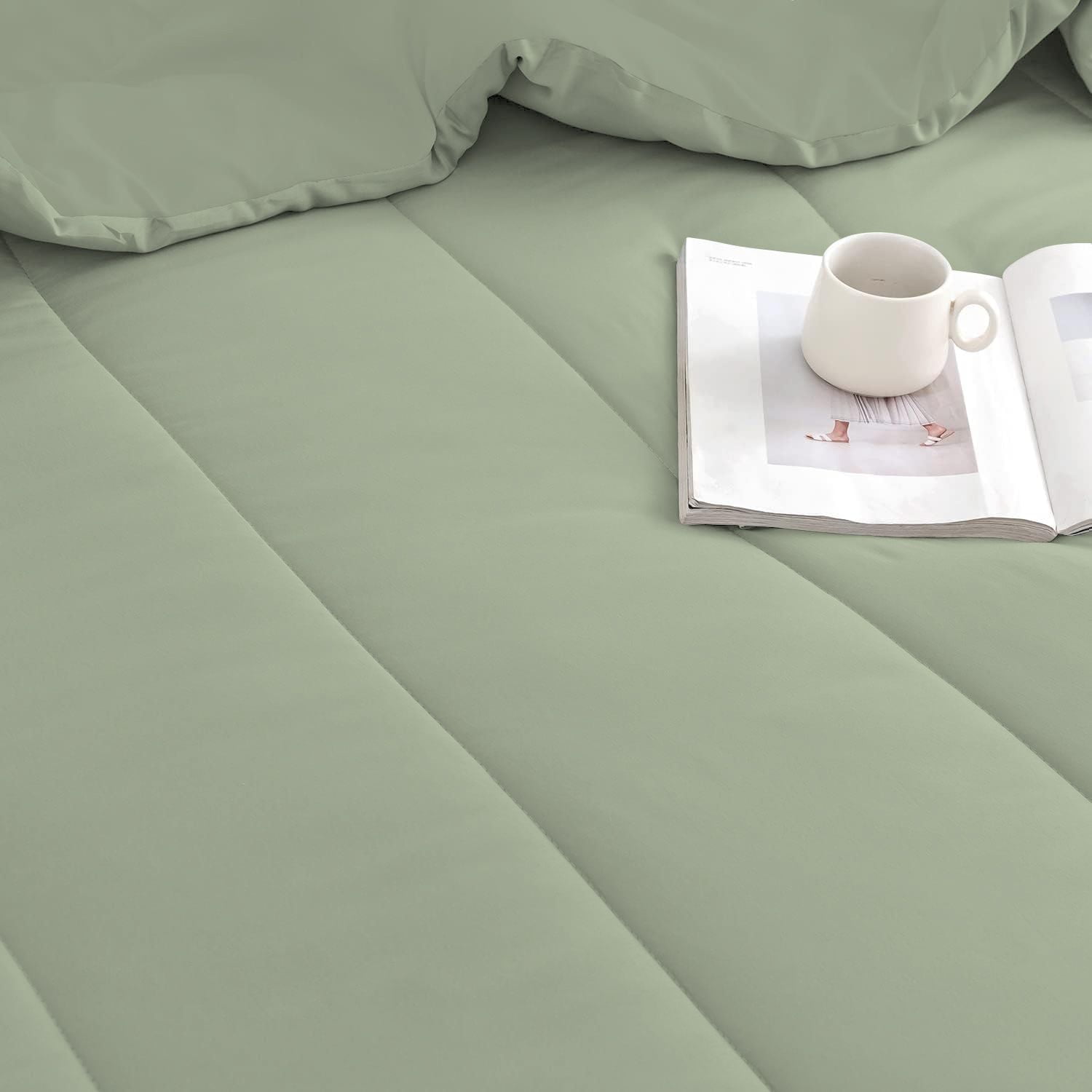 3 Piece Luxury Thicker Pattern Comforter Set, 800 TC, 100% Egyptian Cotton, King/California King Size Light Sage Solid Color