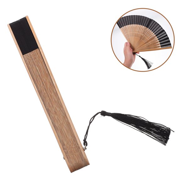 WHAMVOX Elegant Black Bamboo Folding Fan with Delicate Pattern for Decoration and Dancing Performance