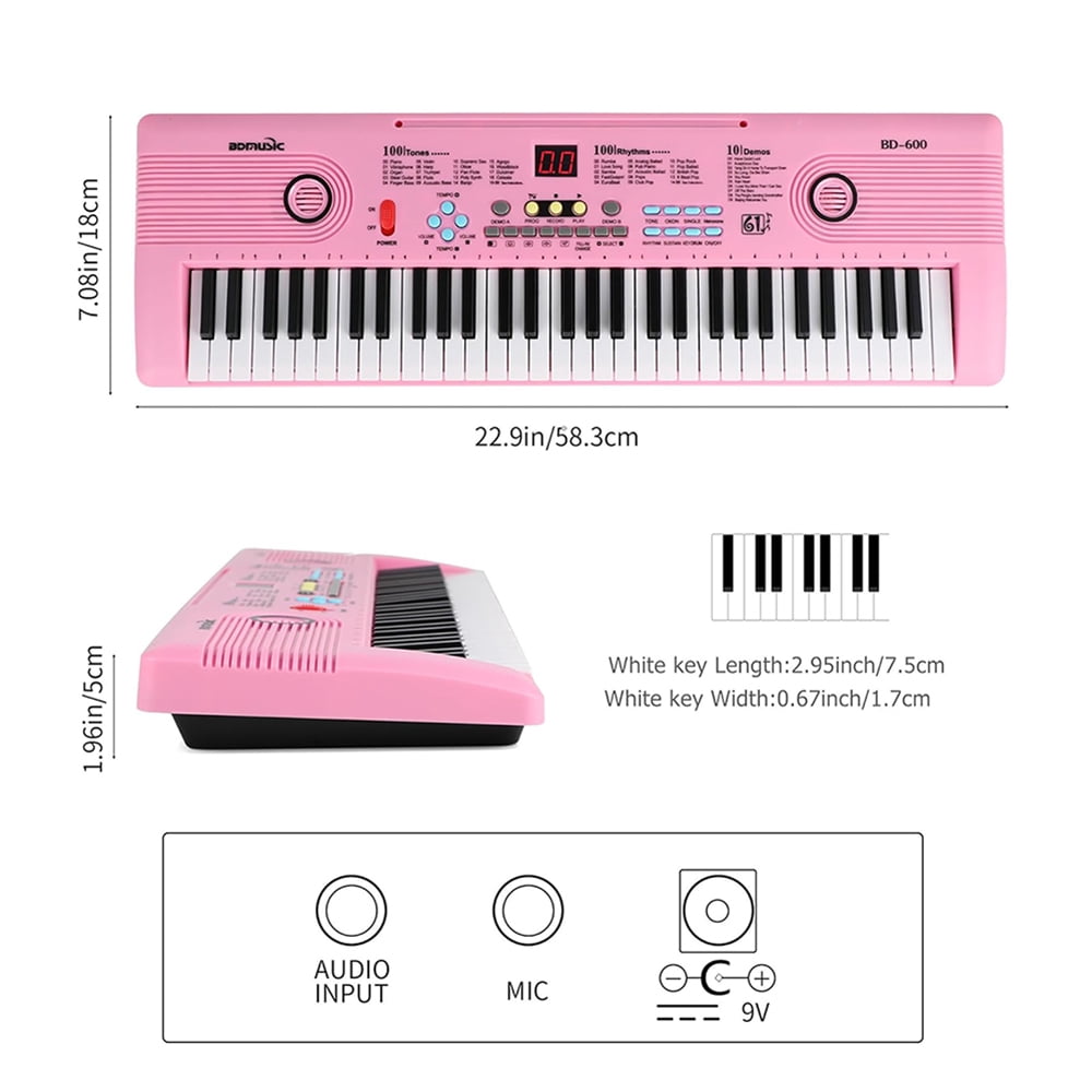 TIANLAIMEI 61 Keys Electric Digital Piano 100 Tones Eectric Keyboard Built-in Microphone with Stand for Beginners Kids Musical Instruments Gifts, Pink
