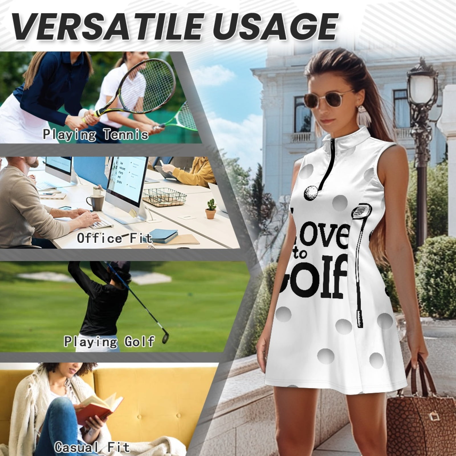 COEQINE Love to Golf Ball Print Golf Dresses for Women Sleeveless Breathable Athletic Dresses 2 Piece Set Lightweight V-Neck Workout Outfits with Pockets and Shorts, 2XL