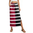 thumbnail image 2 of Womens Striped Print Maxi Skirt High-waisted Drawstring Swing Mid-length Side Slits Boho Beach Vacation Long Skirts Black 2XL, 2 of 6