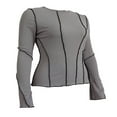thumbnail image 2 of Women Fashion Wild T-Shirts Patchwork Knitted Ribbed  Neck Flare Long Sleeve Shirts Spring Autumn Slim Fit Tops, 2 of 4