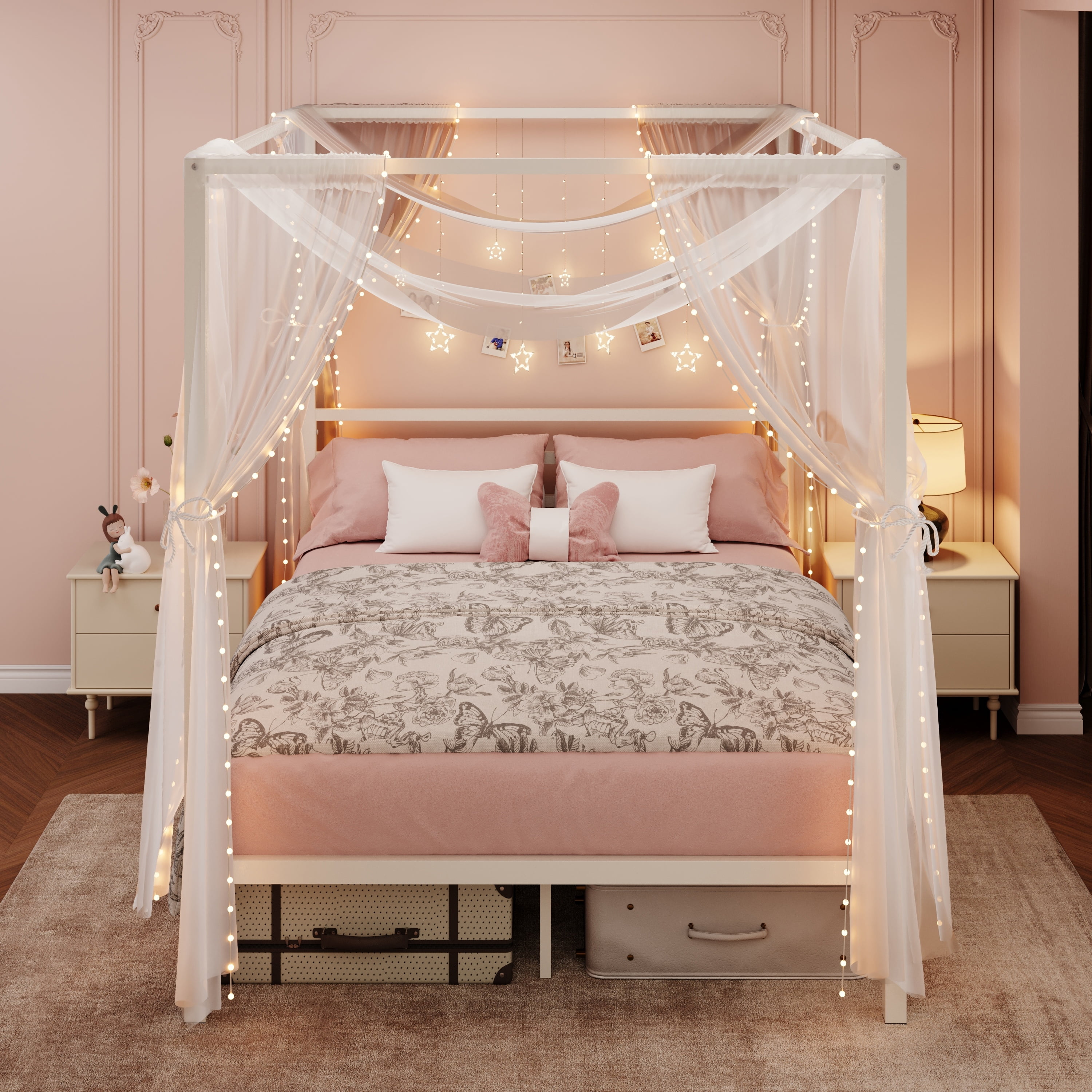 Amolife Full Bed Frame, Canopy Bed with Metal Headboard, No Box Spring Needed, White