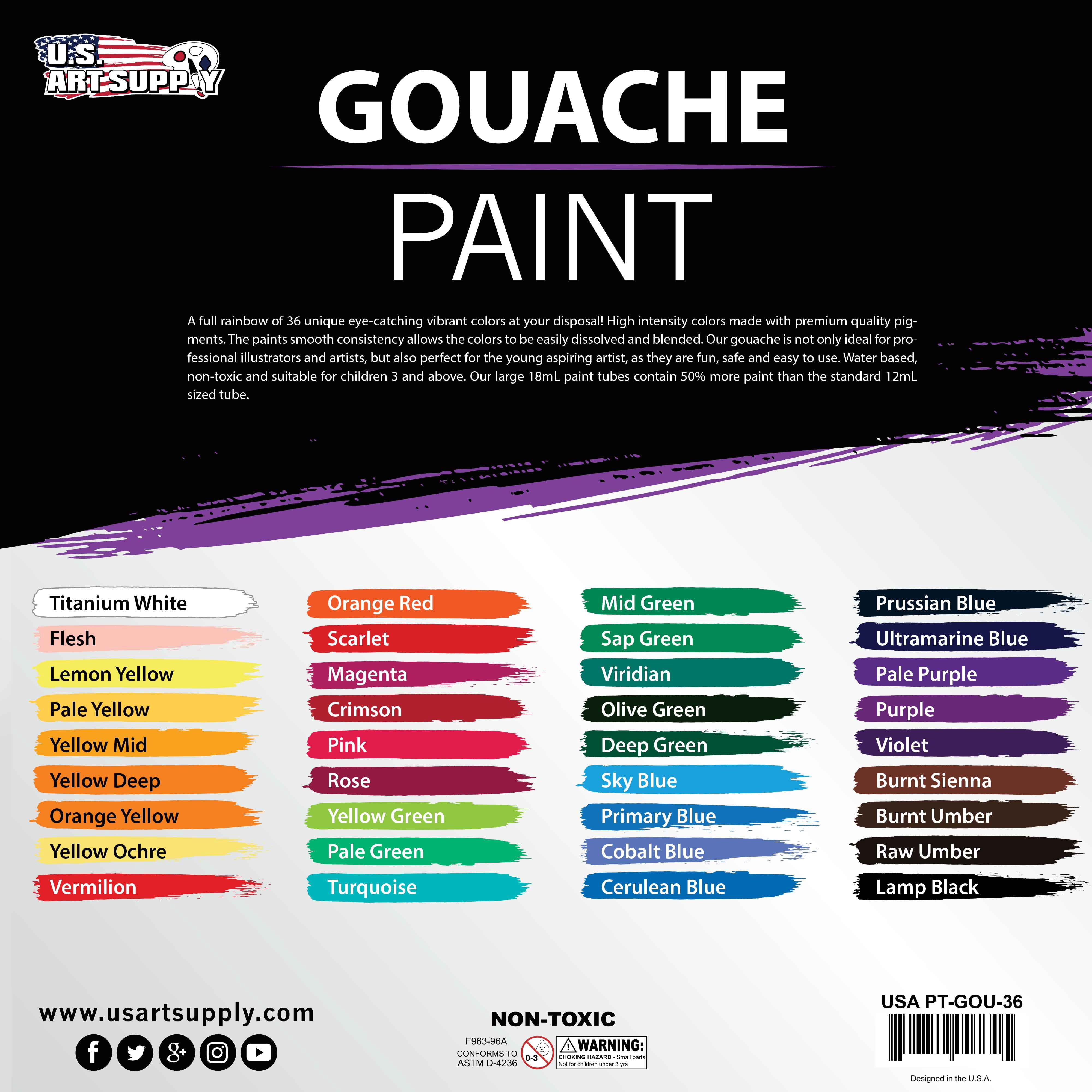 U.S. Art Supply Professional 36 Color Set of Gouche Paint in Large 18ml Tubes - Bonus Color Mixing Wheel