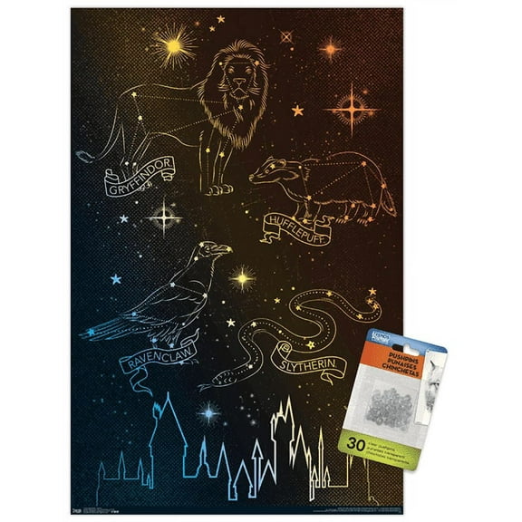 The Wizarding World: Harry Potter - Houses in the Stars Wall Poster with Push Pins, 14.725" x 22.375"