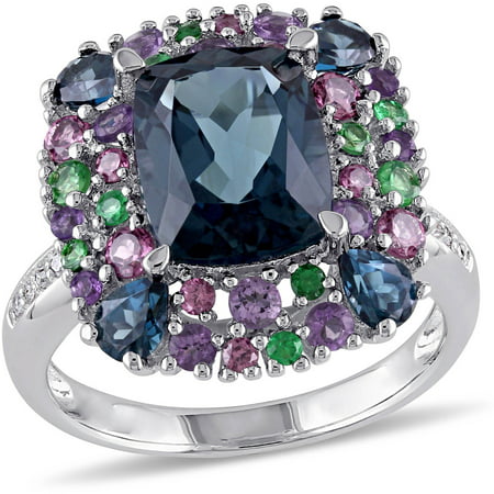 Tangelo 5-4/5 Carat T.G.W. London Blue Topaz, Rhodolite, Amethyst and Tsavorite with Diamond-Accent Sterling Silver Cocktail Ring