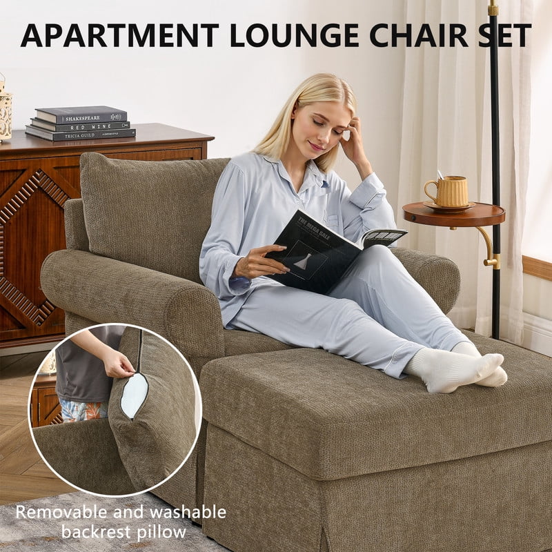 Oversized Single Sofa Chair w/ Ottoman Set, Chenille Accent Chaise Lounge, Modern Upholstered Armchair w/ Backrest Pillow