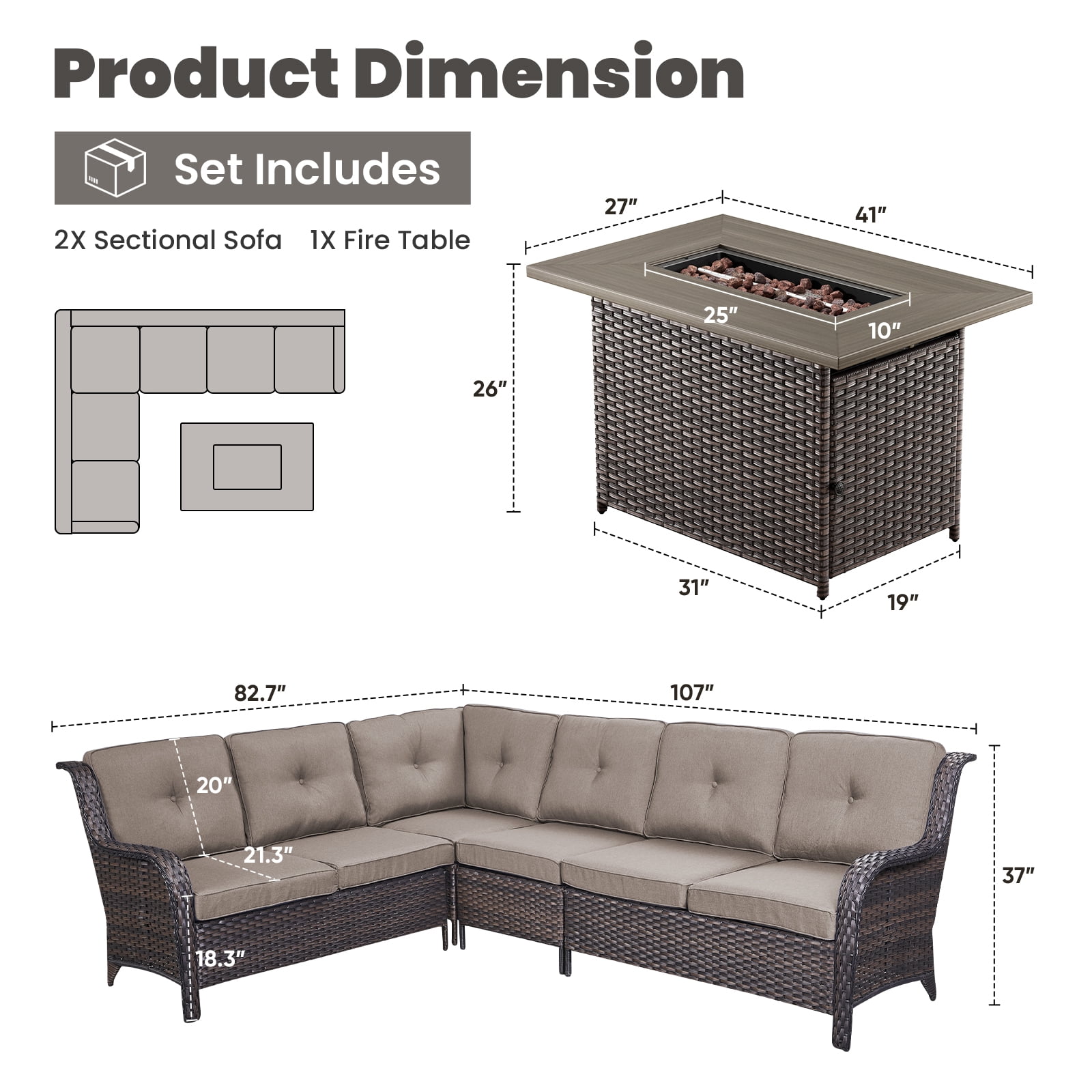 POCASSY Outdoor Sectional Sofa with Fire Pit Table - All Weather Brown Wicker Patio Furniture Set L Shaped Sectional Sofa with 41" Rectangular Propane Firepit Table - Gray Cushion