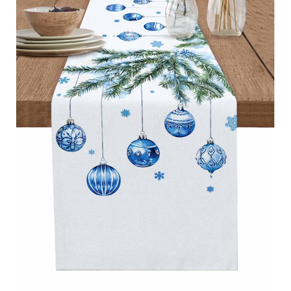 Ldtrchee Blue Christmas Balls Table Runner 70 Inches, Xmas Botanical Snowflake Bed Runner Dresser Scarves Tabletop for Indoor Outdoor Parties/Ceremony/Banquet, 13" x 70"