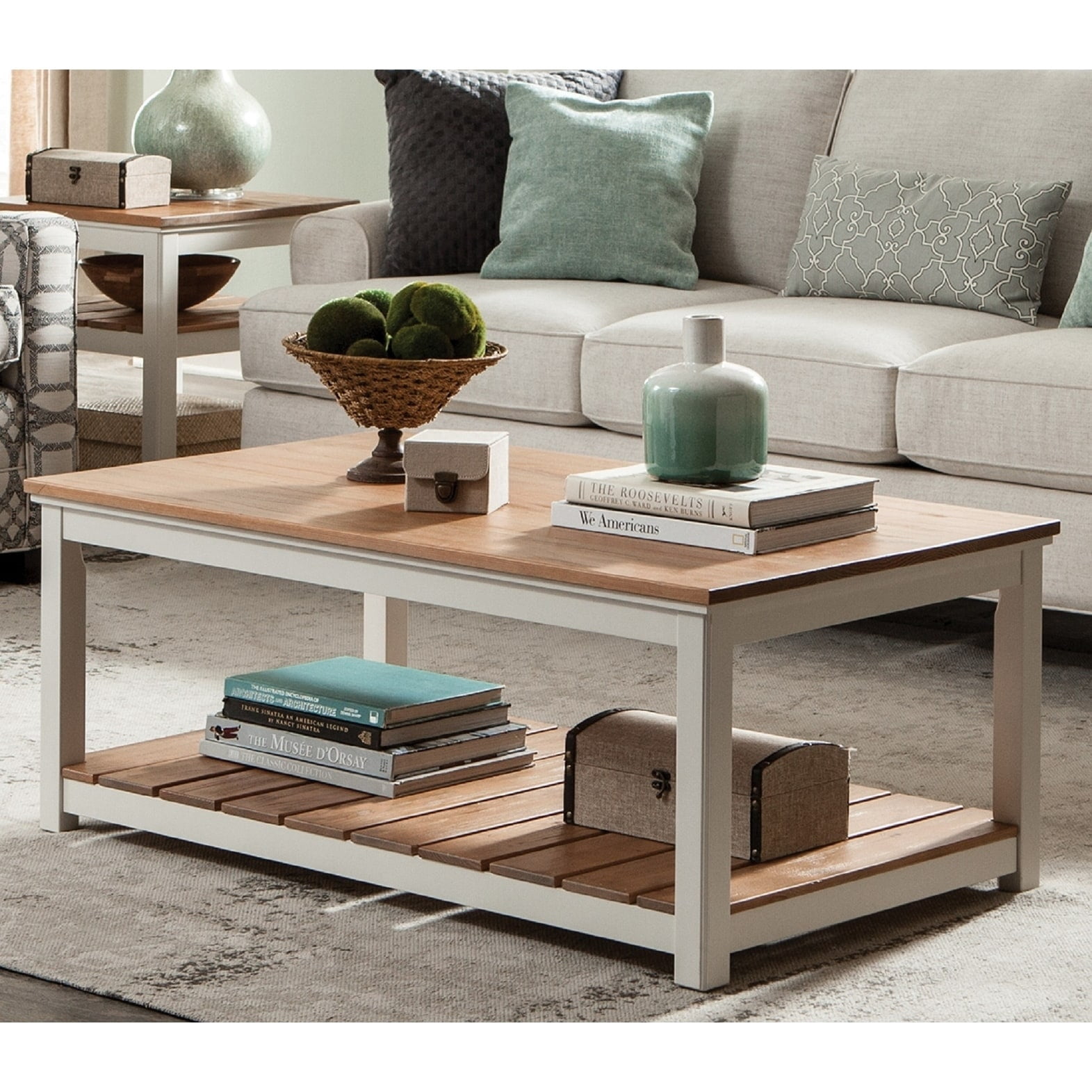 Alaterre Savannah 45"w Coffee Table, Ivory with Natural Wood Top