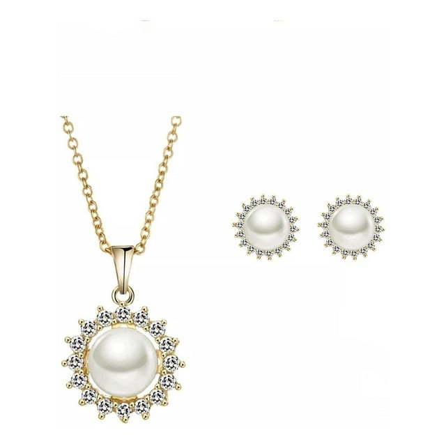 Cadena Dije Y Aretes Flor Perlas Rio Swarovski Oro 14k Lam dorado Unitalla