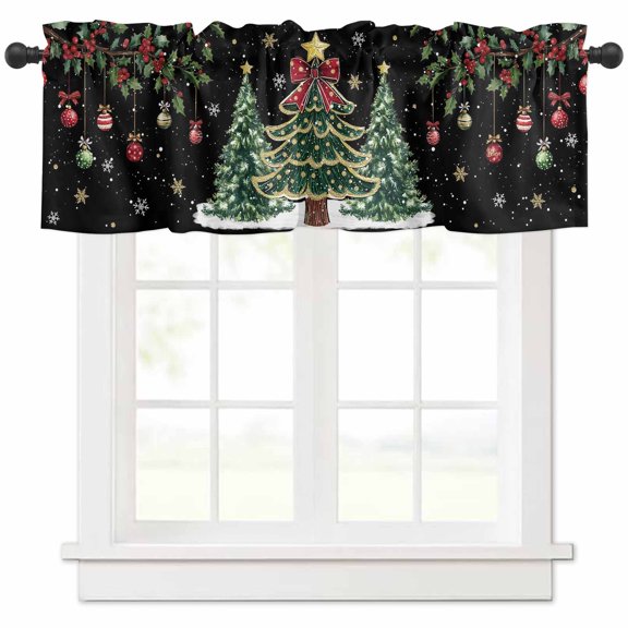 Christmas Trees Valances for Windows, Xmas Trees Balls Berry Winter Snowflakes Black Light Filtering Window Treatment Valances, Rod Pocket Small Curtains for Kitchen/Bathroom, 60"x18"