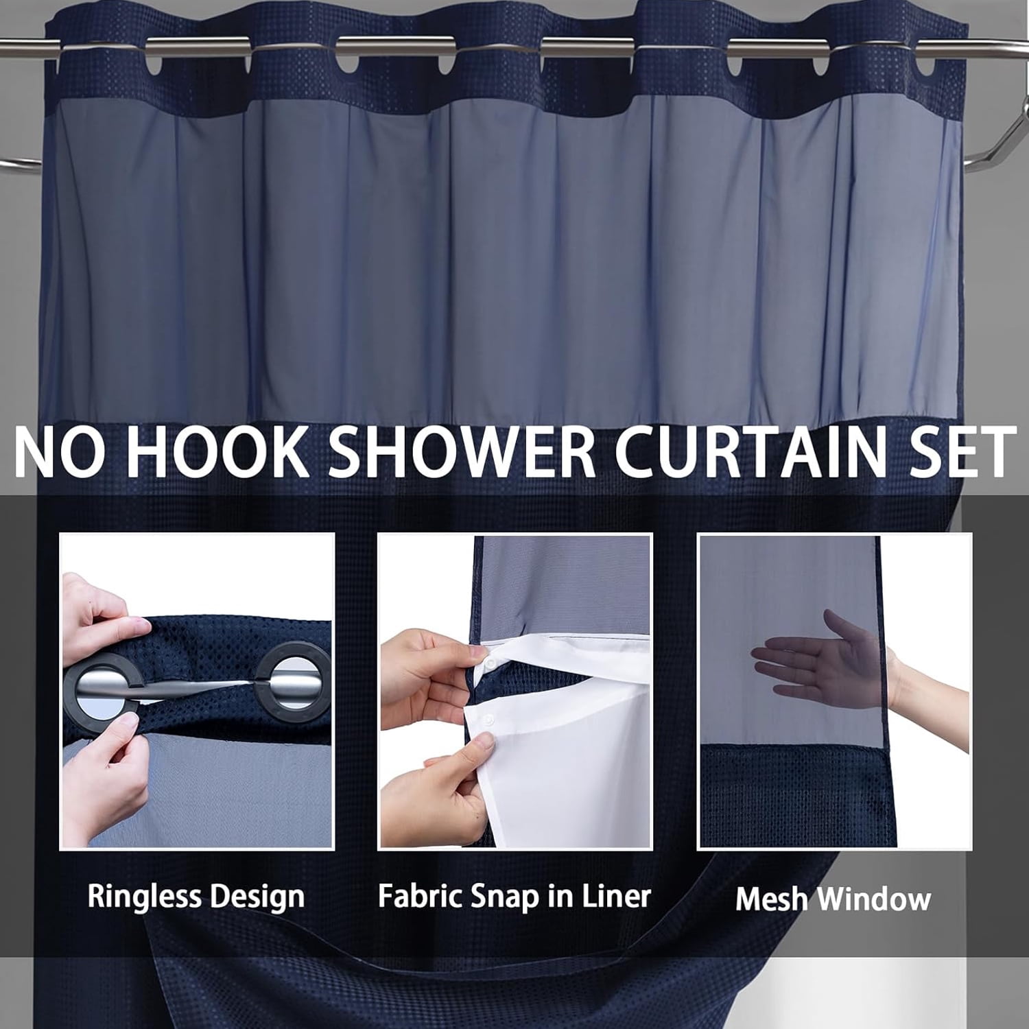 DawnJoanHD Waffle Weave No Hook Shower Curtain with Snap-in Liner, Blue Polyester Fabric with See-Through Top Window, 72" x 75"