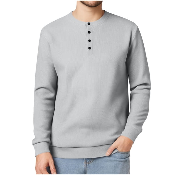 Ohufall Men's Henley Shirts Plus Size Solid Color Casual Button Crew Neck Tops Loose Comfy Knit Waffle Long Sleeve Shirts for Men