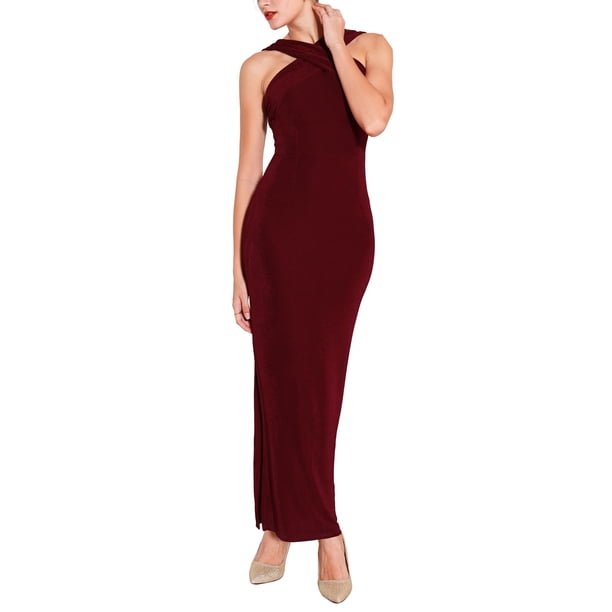 Vestido largo de cóctel sin mangas con cuello halter para mujer Hobemty, con abertura en el dobladillo, Bodycon, talla XL, color rojo vino