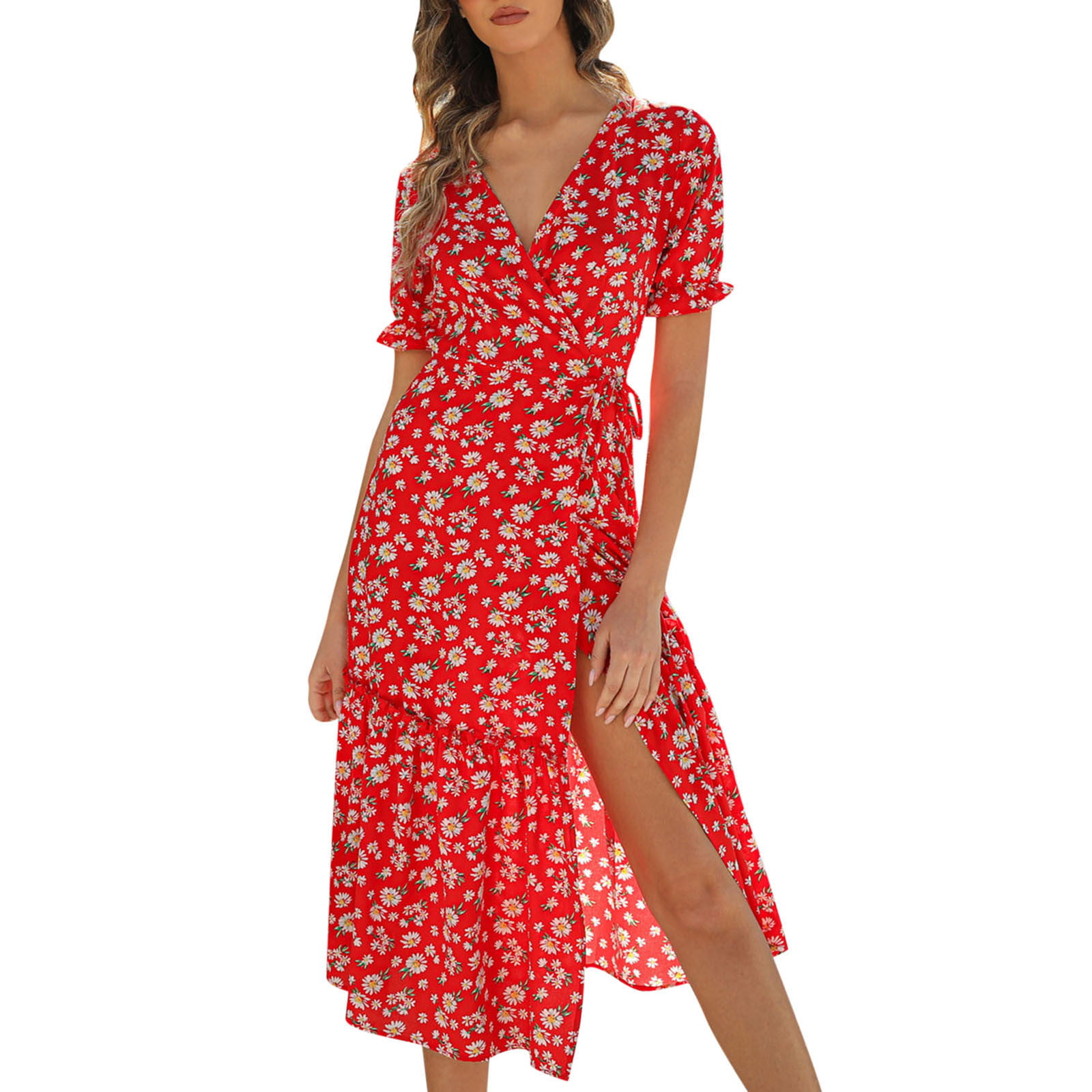 HSMQHJWE Vestidos Pegados Para Mujer Knit Dress Women'S Casual Fashion  Dress Floral Printed Bohemian V-Neck Elegant Dress A-Line Printed Short  Sleeve Casual Dress High Low Dresses For Wome 