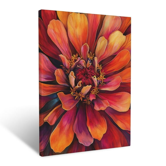 CozyNet Close Up Of Intricate Zinnia Petals In Radiant Shades Of Red, Orange, And Pink Wall Art Prints With Frame Canvas Perfect for Living Room & Bedroom, Ready to Hang, Wall Decor 12"x16"in