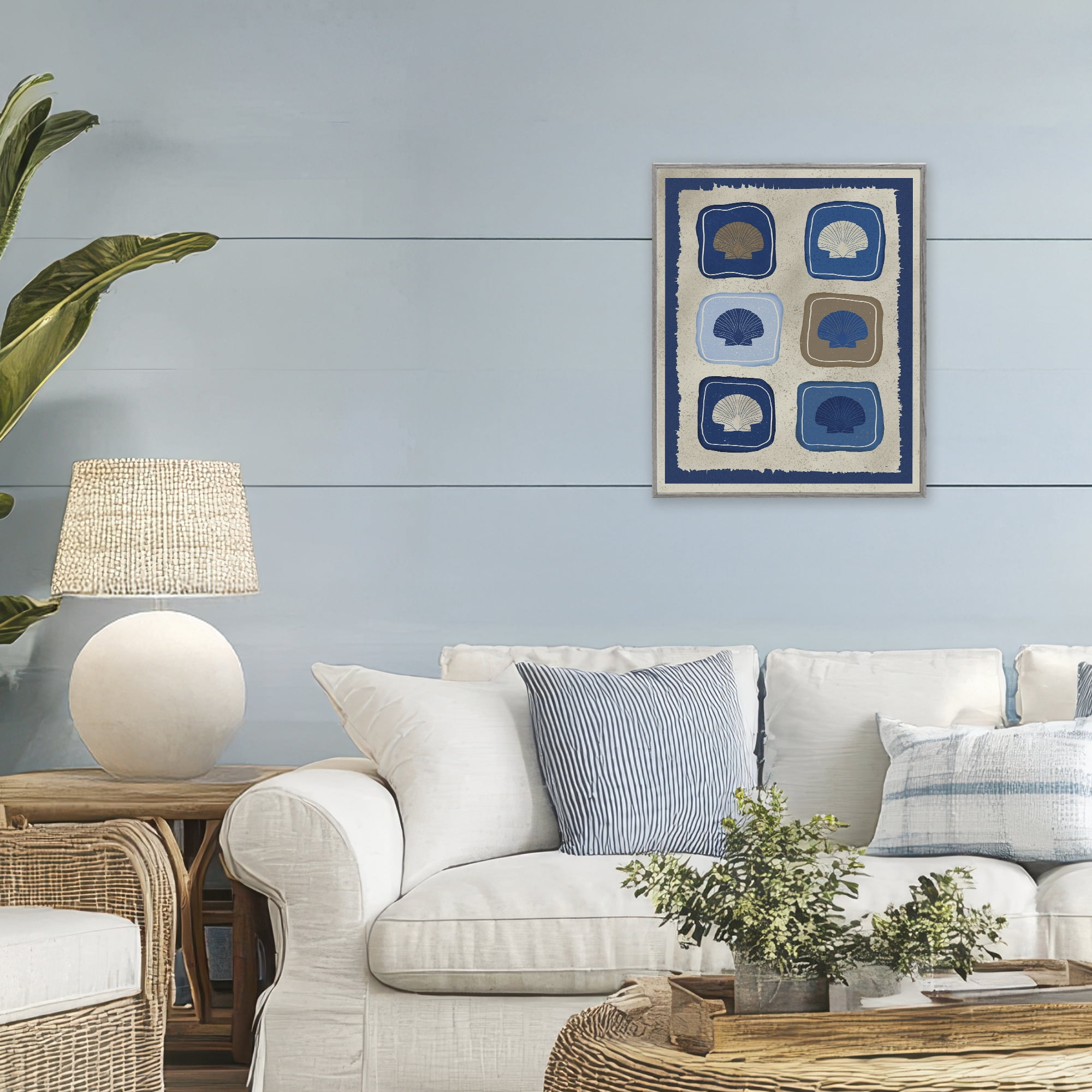 Stupell Industries Nautical Block Shells Gray Framed Giclee Art, design by Julia Frost
