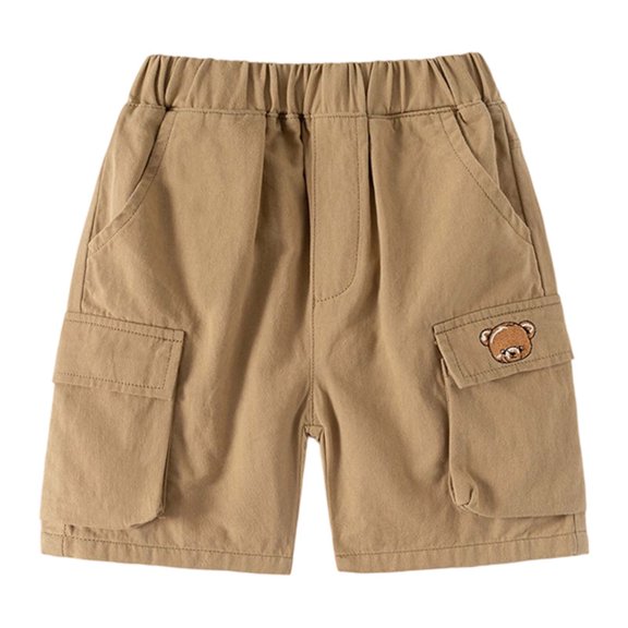 Huowey Boys Cargo Shorts Solid Color Elastic Waist Cartoon Animal Embroidery Multi Pockets Wide Leg Summer Shorts Casual Lightweight Breathable Baggy Fashionable Trunks Dailywear,Khaki,2-3 Years