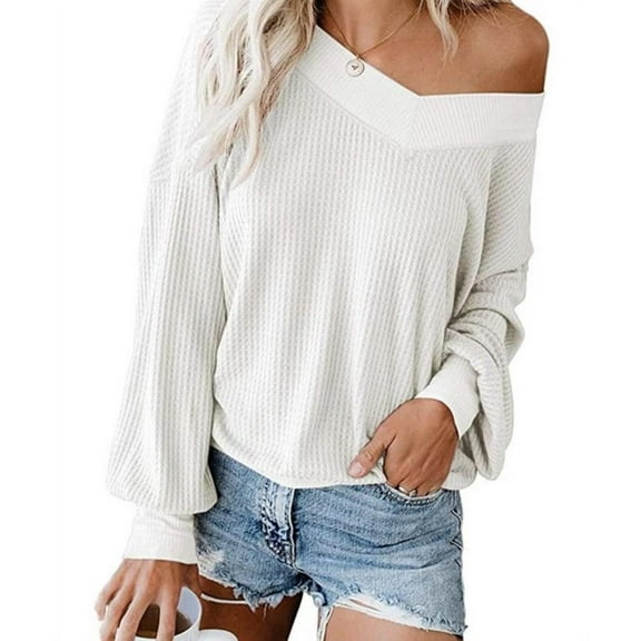 Women's V Neck Long Sleeve Waffle Knit Top Off Shoulder Oversized Pullover Sweater