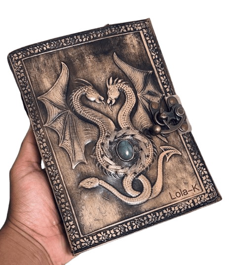 Handmade Leather Dragon Journal – 5x7 Inch Embossed Fantasy Notebook with 200 Deckle Paper Pages, Gemstone Accent, Antique Clasp, Medieval Writing Diary