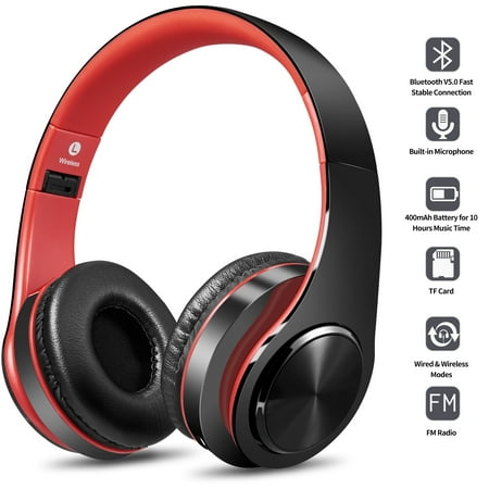 Bluetooth Headphones over Ear Hi-Fi Stereo Wireless Foldable Headset with Soft Memory-Protein Earmuffs Built-in Mic and Wired Mode for PC/Cell Phones/TV(Red)