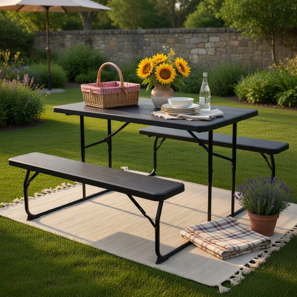 Hommoo Folding Outdoor Picnic Table & Bench Set, Steel Frame with Wood-Look HDPE Top, Heavy-Duty Folding Patio Table for Backyard, Camping, and Tailgating, Black
