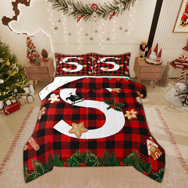 Manfei Initial Letter S Child Bedding Comforter Set, Merry Christmas Twin Comforter Sets, Checkered Plaid Reversible Bedding Set, Ultra Soft Home Decor, 2pcs