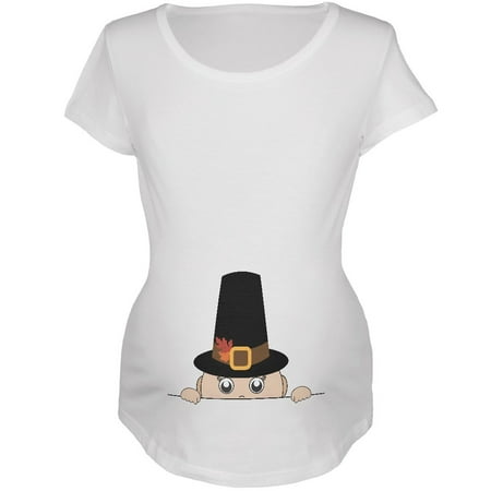 

Peeking Baby Thanksgiving Pilgrim White Maternity Soft T-Shirt - Small