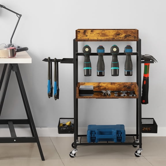 3‑Tier Rolling Power Tool Organizer Cart, Heavy Duty Metal Tool Storage Rack with Charging Station, Rustic Brown Wood Trays