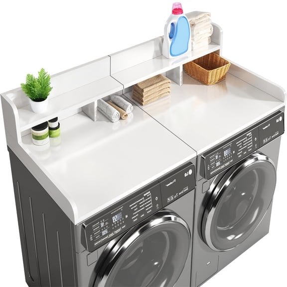 HomePerch 54" Washer Dryer Countertop with Storage Shelf, Double Layer Laundry Wood Shelf Topper with Edge, Over Washer & Dryer Organizer, White