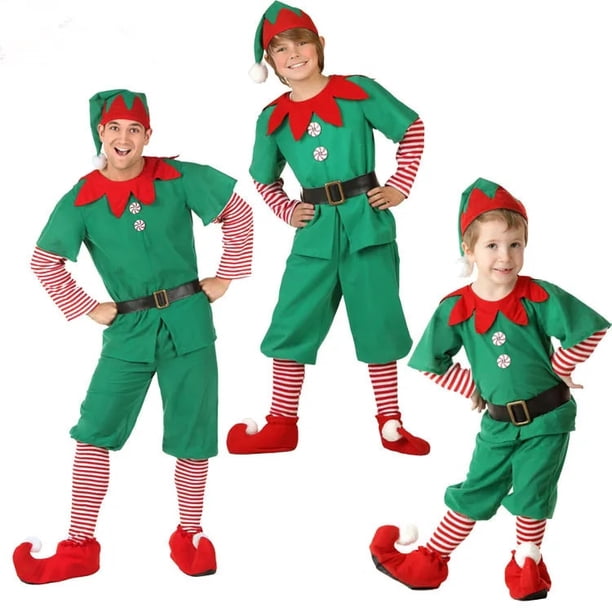 Disfraz de Papá Noel para hombre, mujer, niña y niño, disfraz de elfo verde, Cosplay familiar, fiesta de Navidad, vestido elegante de Año Nuevo, conjunto de ropa para