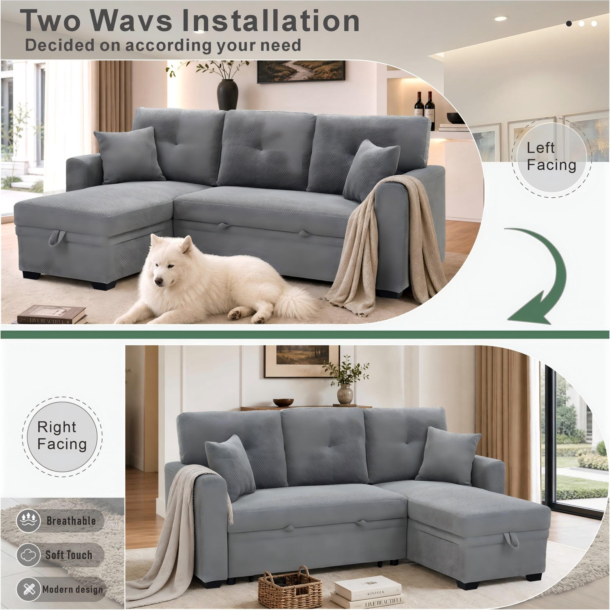 BSHTI 71"Foil Fabric L-Shaped Pull-Out Sleeper Sofa Bed with Reversible Chaise, Hidden Storage for Living Room（Light Gray）