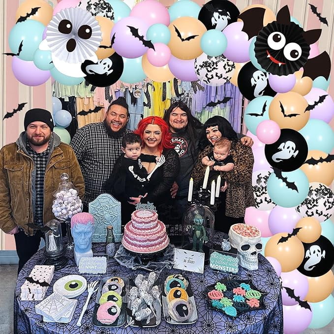 Happy Boo Day Party Decorations Girl, Boo Themed Birthday Party Macaroon Halloween Balloon Garland Arch Kit with Ghost Bat Balloons 3D Bats Wall Stickers for Halloween 1st 2nd 3rd Bday Party Decor