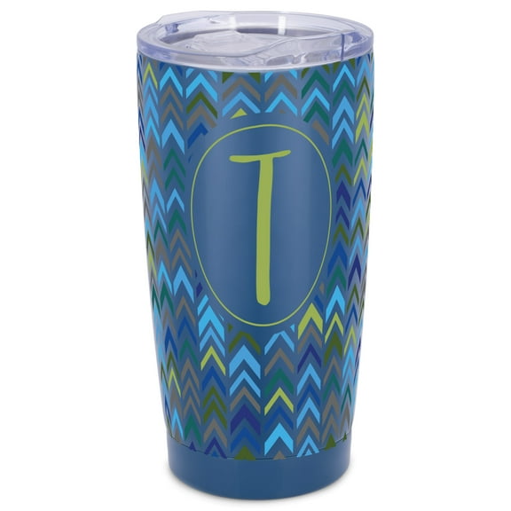 Elanze Designs T Monogram Herringbone Arrows Wrap-Around Design 20 Ounce Stainless Steel On-The-Go Coffee Mug, Thermal Travel Tumbler with Leak Resistant Slide Lid, Navy Blue