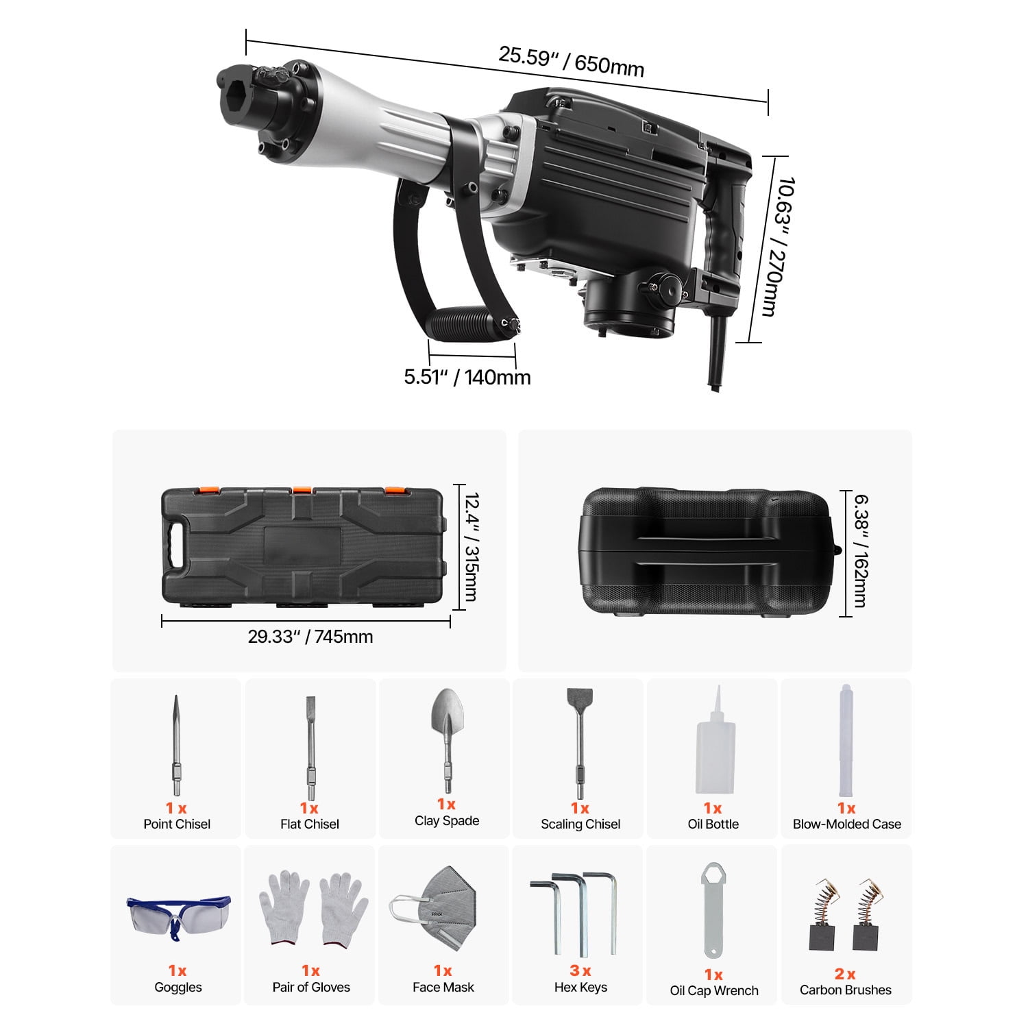 KFFKFF 2800W Electric Demolition Jack Hammer, Heavy-Duty Concrete Breaker with 3 Chisels, Clay Spade, Carrying Case, and Gloves for Breaking Concrete, Walls, Bricks, Tiles, and Foundations