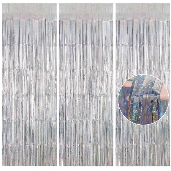 Sinkoo 3 Pack Silver Tinsel Foil Backdrop Curtains, 3.3 x 8.3ft Party Backdrop Fringe Foil Wall Background for Birthday Wedding Graduation New Year Eve Party Decor
