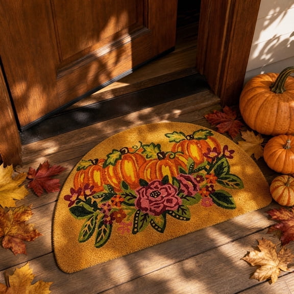 Orangide Fall Decor Pumpkin Doormat Natural Fiber Coir Mat with Floral Print, Absorbent Non-Slip Welcome Mat for Front Porch Entryway Indoor Outdoor