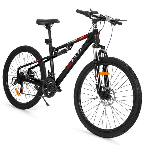 SPPTTY 26" Mountain Bike,Full-Suspension 21 Speed Drivetrain, Disc Brakes,Bicycle for Men Women Black
