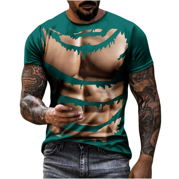 ZCFZJW Daily Tops for Men Big and Tall Regular Fit Casual Summer Short Sleeve 3D Fake Muscle Pattern Graphic T-Shirts Trendy Crewneck Holiday Comfy Pullovers Green XXXL