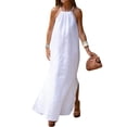 thumbnail image 3 of Womens Halter Neck Side Slit Linen Style Casual Vacation Dress Beach Holiday Summer Long Dress White S, 3 of 7
