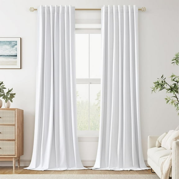 White Linen Blackout Curtains 96 Inch Length 2 Panels Set for Living Room Bedroom Back Tab Thermal Insulated 100% Black Out Linen Drapes Room Darkening Window Curtains 96 Inches Long White