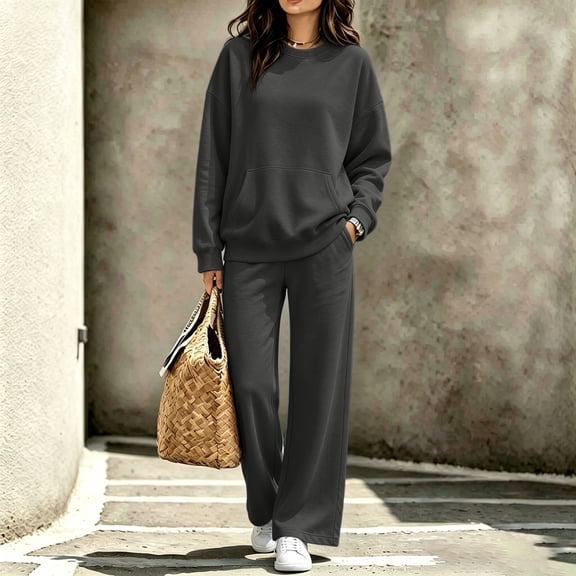 Women's Sweatsuit 2 Piece Outfit Long Sleeve Crew Neck Sweatshirt with Kangaroo Pocket Wide Leg Pants Soft Relaxed Fit Casual Lounge Wear Set for Fall Winter Daily Wear Black L