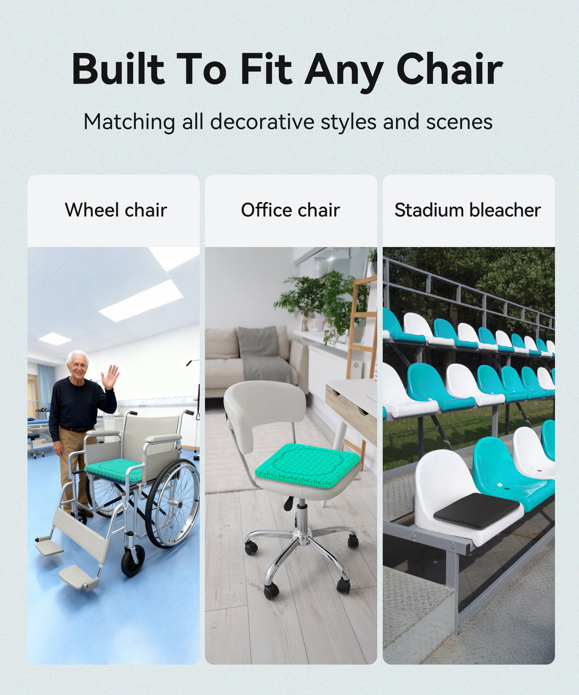 AOLIGO Gel Seat Cushion for Long Sitting, 17" x 15" Enlarged Thickened Pad, Soft & Breathable Office and Wheelchair Comfort, Cyan