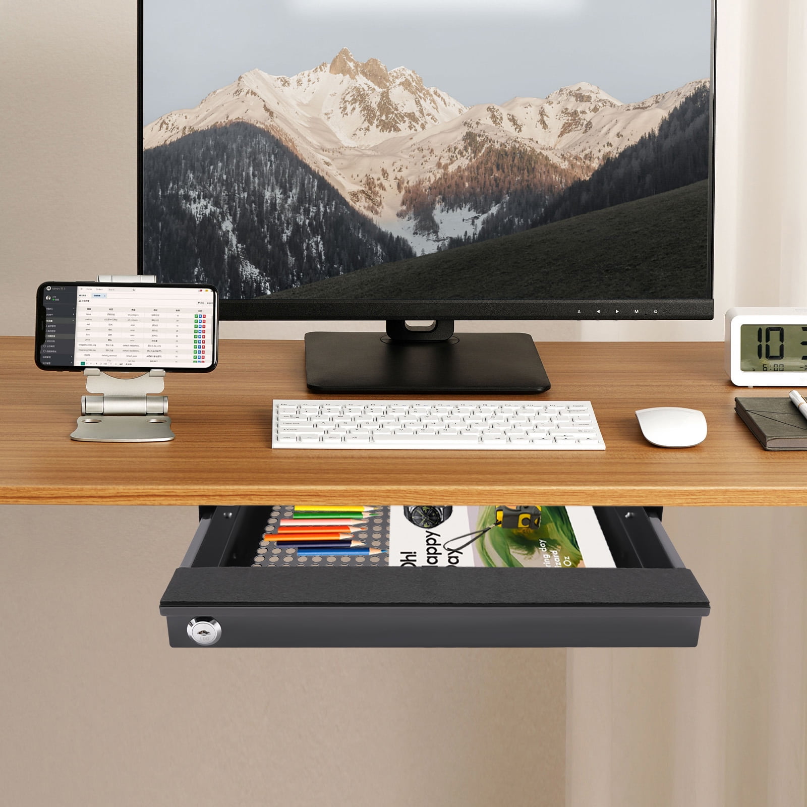 Rectangular Black Under Desk Mounted Sliding Pull-out Drawer Drawer Storage Organizer for Standing Desks