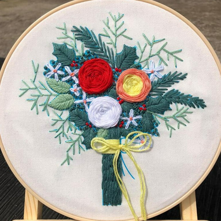 3pcs Embroidery Kits for Beginners,Include Embroidery Clothes with Pattern,3pcs  Embroidery Hoops and Instructions, Scissors,Flowers Plant Cross Stitch Set  for Adults DIY Decor Living Room 