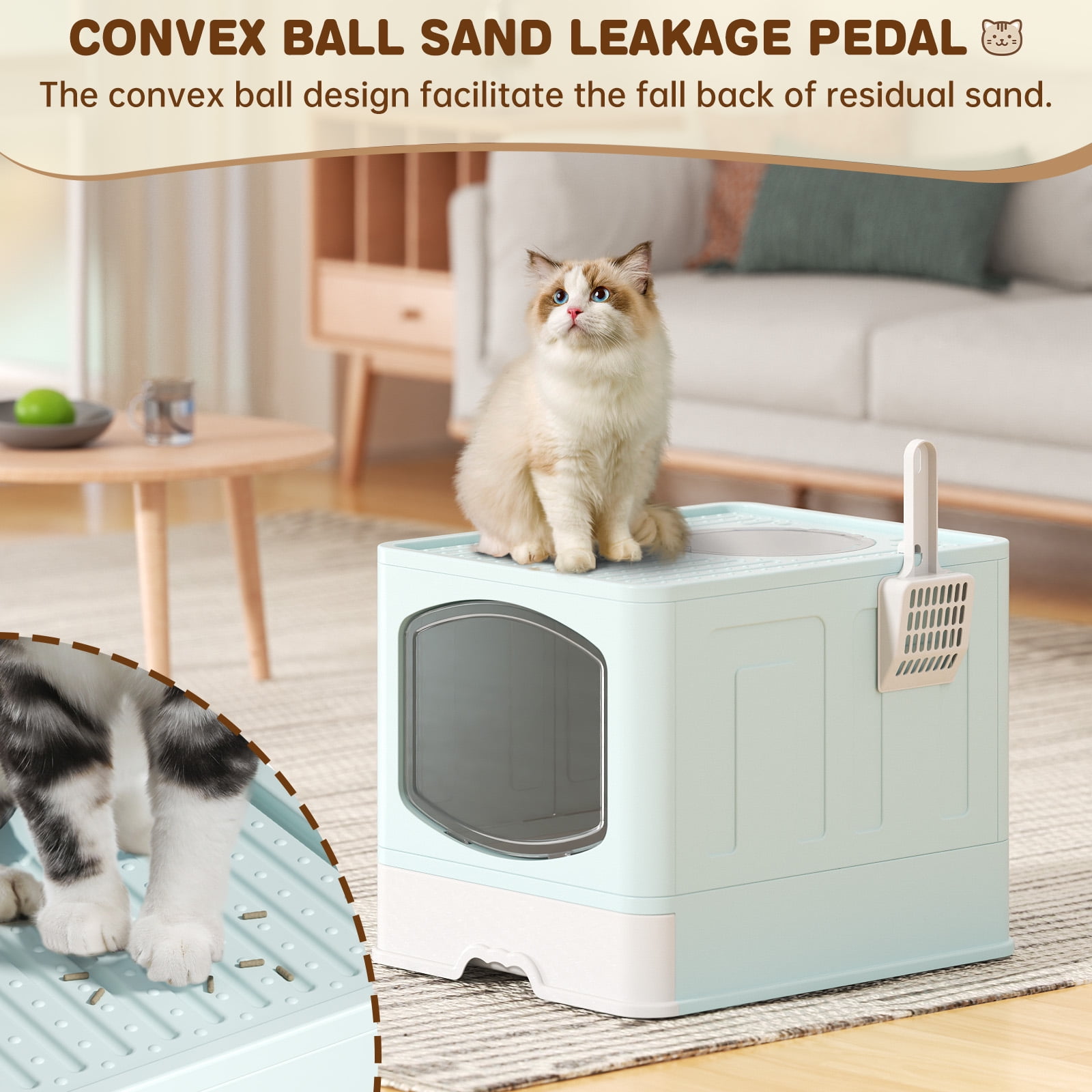 Cshidworld Large Foldable Cat Litter Box with Scoop, Front Entry Top Exit Cat Litter Pan with Lid, Enclosed Anti-Splashing Kitty Litter Box, Drawer Type Cat Litter Easy Cleaning and Scoop, Blue