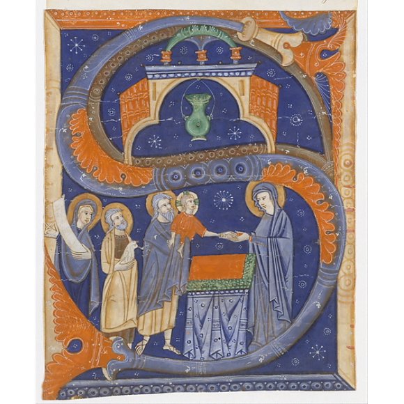 Manuscript Illumination with the Presentation of Christ in the Temple in an Initial S, from a Gradual Poster Print by Master of Bagnacavallo (active late 13th century) (18 x 24)
