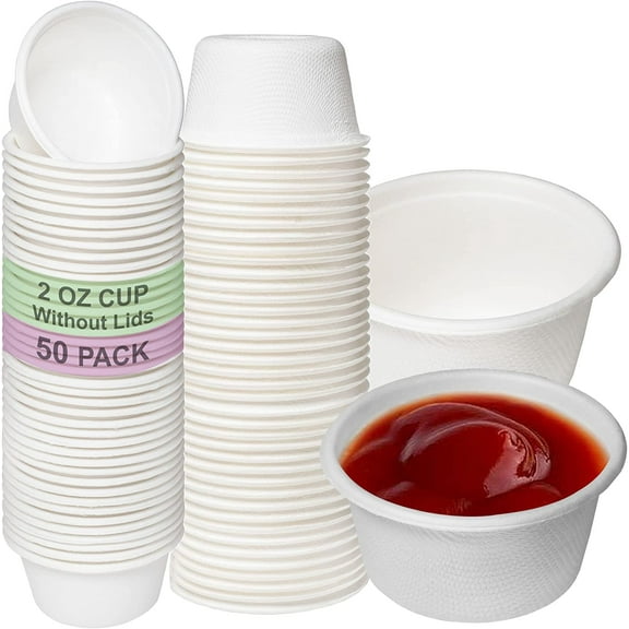 EcoQuality 2 Oz Compostable Portion Cups - Sugarcane Bagasse Condiment Souffle Cups - Biodegradable Sauce Cups - Perfect for Disposable Sample Cups (50)