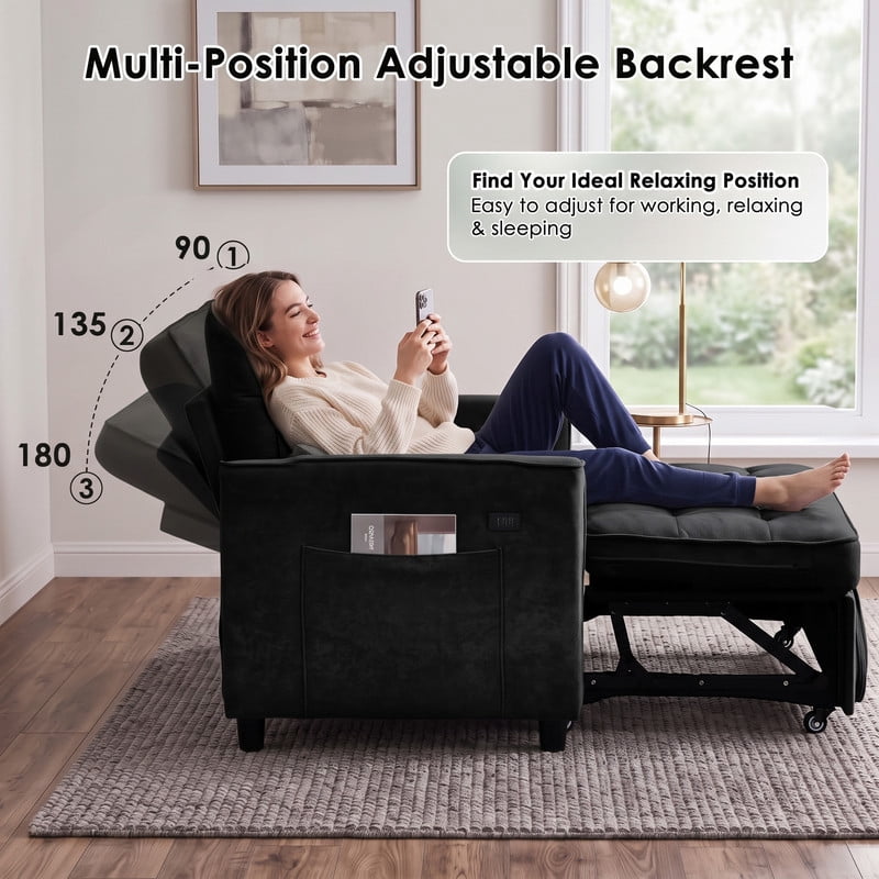 Anpport 54" 3‑in‑1 Convertible Sofa Bed, Towel Fabric, 3‑Position Adjustable Backrest with USB Charging Ports, for Living Room, Apartment, Black